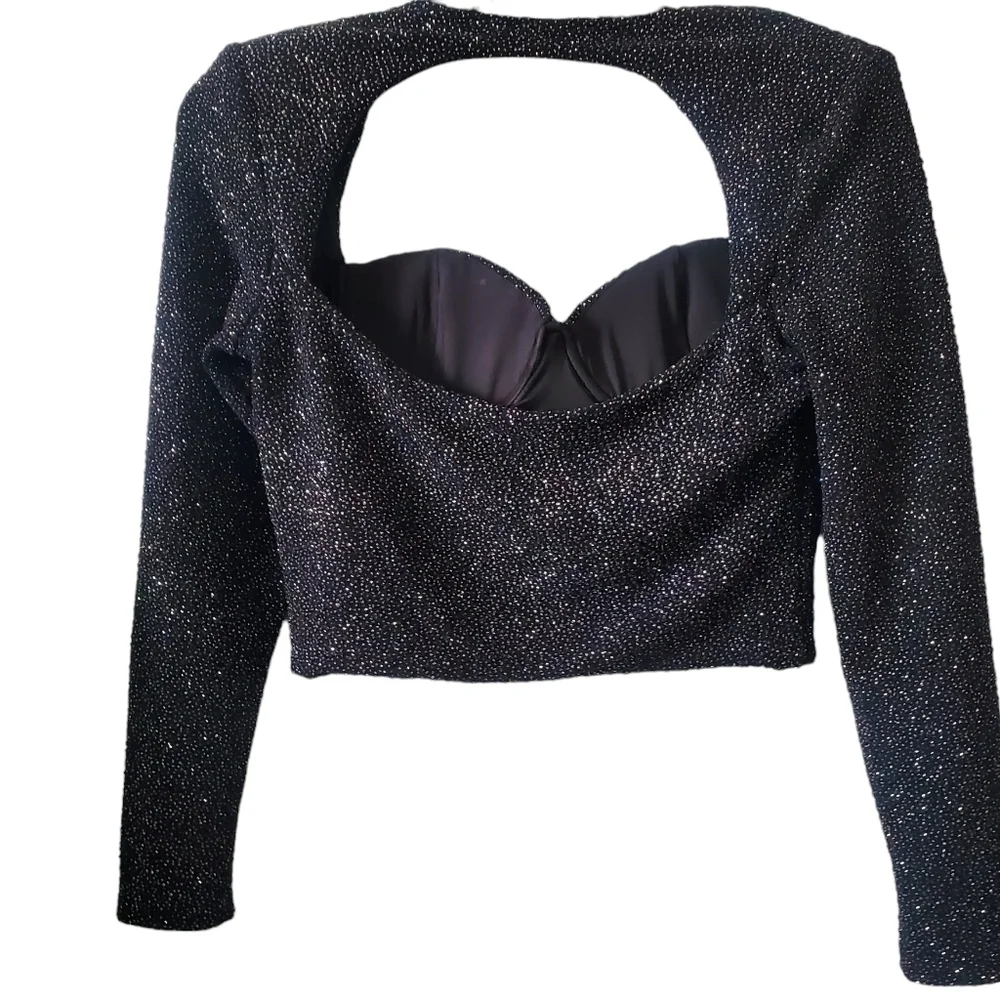 Women's Long Sleeve Black & Sparkle Sweetheart Dressy Crop Top